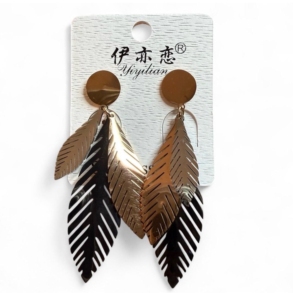 Yiyitian Gold-tone Black Stainless Steel Layered Feather Dangle Earrings NEW - Picture 2 of 7